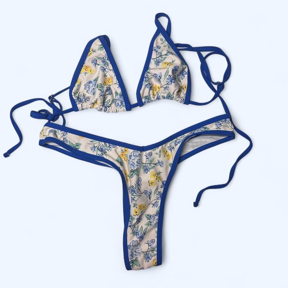 Royal Blue Contrast Trim Floral Bikini Set Italian Vibes Size M